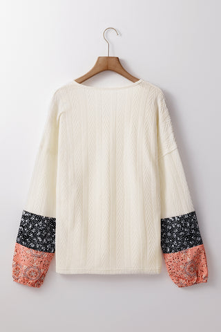 Beige Floral Patchwork Textured Knit Drawstring V Neck Blouse