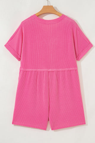 Bright Pink Spiral Ribbed Short Sleeve V Neck Buttoned Romper with Pocket