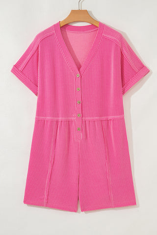 Bright Pink Spiral Ribbed Short Sleeve V Neck Buttoned Romper with Pocket