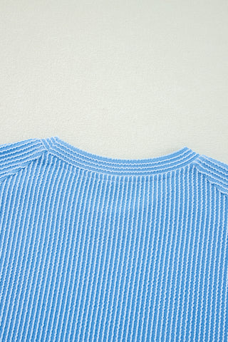 Blue Solid Corded Knit Short Sleeve T Shirt and Wide Leg Pants Set