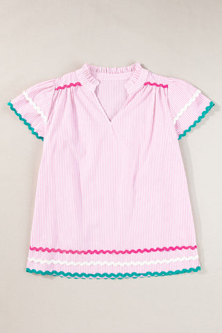 Pink Stripe Ricrac Trim Split Neck Striped Ruffled Sleeve Blouse