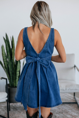 Sail Blue Square Neck Bowknot A-line Sleeveless Denim Dress
