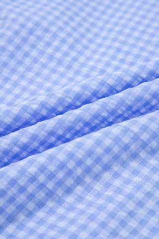 Light Blue Gingham Short Puff Sleeve Button Up Shirt