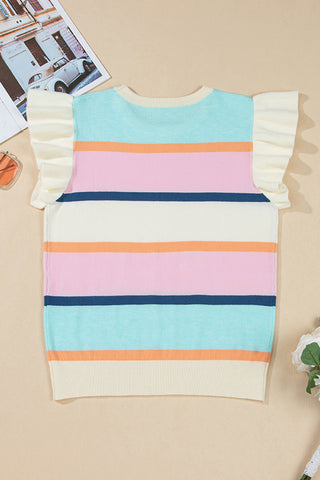 Multicolour Striped Color Block Flutter Sleeve Patchwork Sweater Top