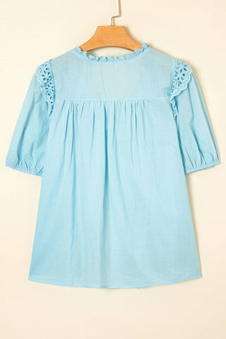 Mist Blue Embroidered Lace Patchwork Tie Neck Puff Short Sleeve Blouse