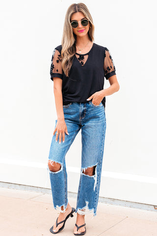 Black Flora Lace Patchwork Crew Neck T Shirt