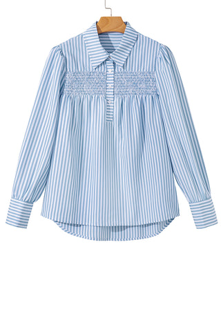 Sky Blue Stripe Shirred Detail Half Placket Collared Long Sleeve Fall Shirt