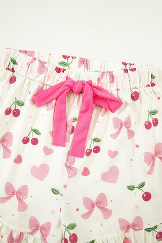 Beige Bow Fruit Print Contrast Pipping Short Pajamas Set