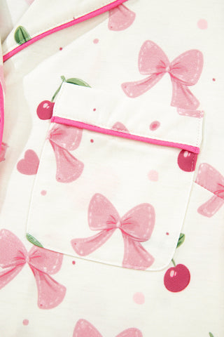 Beige Bow Fruit Print Contrast Pipping Short Pajamas Set