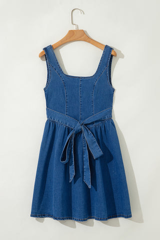 Sail Blue Square Neck Bowknot A-line Sleeveless Denim Dress