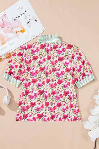 Red Floral Print Striped Patchwork Collared Short Sleeve Blouse