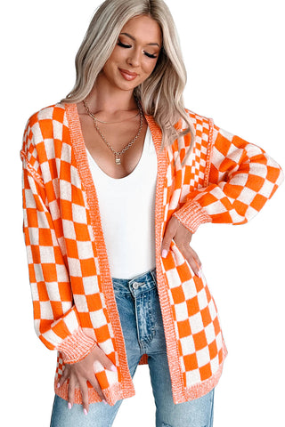 Orange Checkered Open Front Drop Shoulder Cardigan