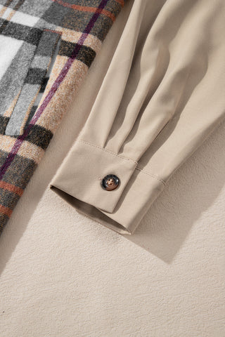 Khaki Plaid Patchwork Long Sleeve Shirt Mini Dress