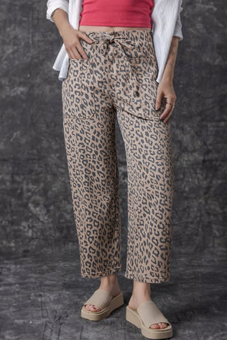 Khaki Leopard Printed Drawstring Waist Pocketed Wide Leg Jeans