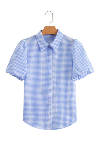 Light Blue Gingham Short Puff Sleeve Button Up Shirt