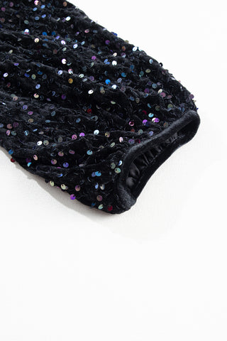 Black Sequin Puff Sleeve Buttoned Velvet Peplum Shirt