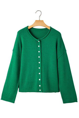 Bright Green Solid Color Knit Button Drop Shoulder Sweater Cardigan