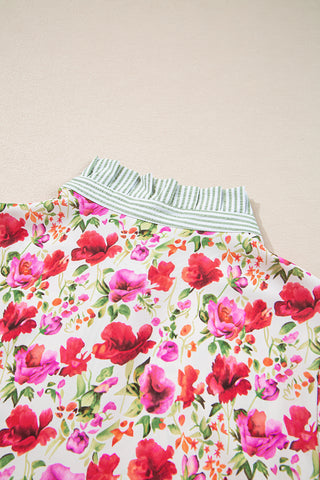 Red Floral Print Striped Patchwork Collared Short Sleeve Blouse