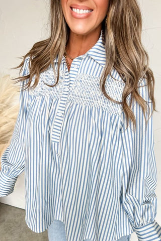 Sky Blue Stripe Shirred Detail Half Placket Collared Long Sleeve Fall Shirt