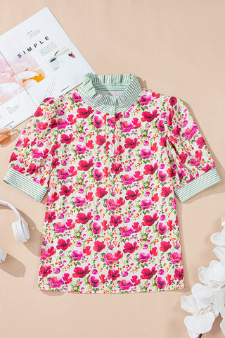 Red Floral Print Striped Patchwork Collared Short Sleeve Blouse