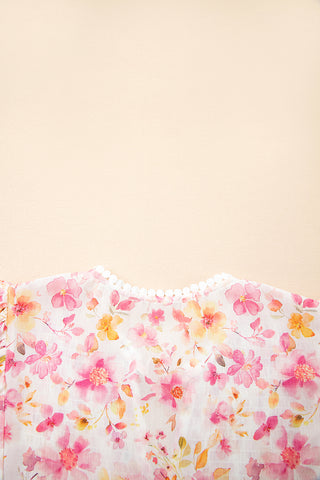 Pink Floral Print Tassel Tie Smocked V Neck Puff Sleeve Tunic Blouse