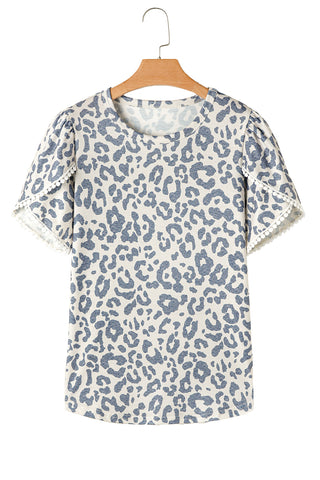 Beige Leopard Round Neck Lace Trim Petal Sleeve T Shirt