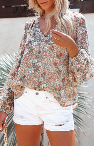 V-Neck Lantern Sleeve Curved Pendant Floral Print Chiffon Top