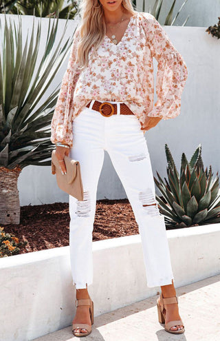 V-Neck Lantern Sleeve Curved Pendant Floral Print Chiffon Top