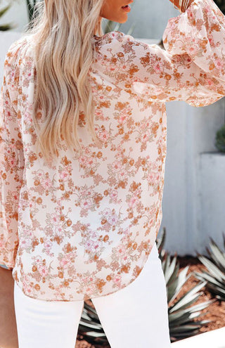 V-Neck Lantern Sleeve Curved Pendant Floral Print Chiffon Top